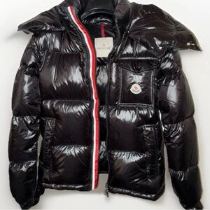 Moncler Shiny Black Puffer Jacket with Red and White Accents